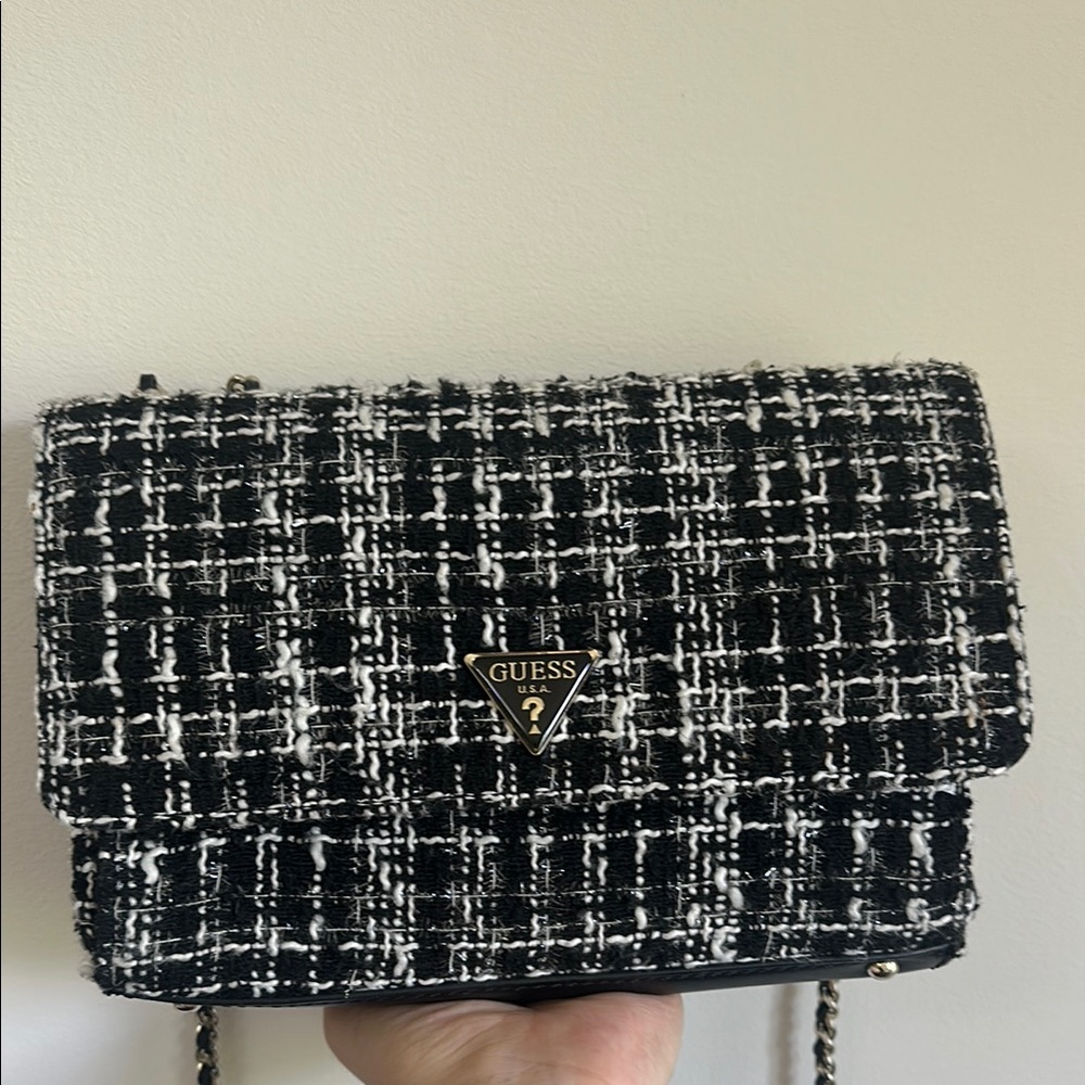 Guess Black and White Tweed Crossbody Bag with Chain Strap